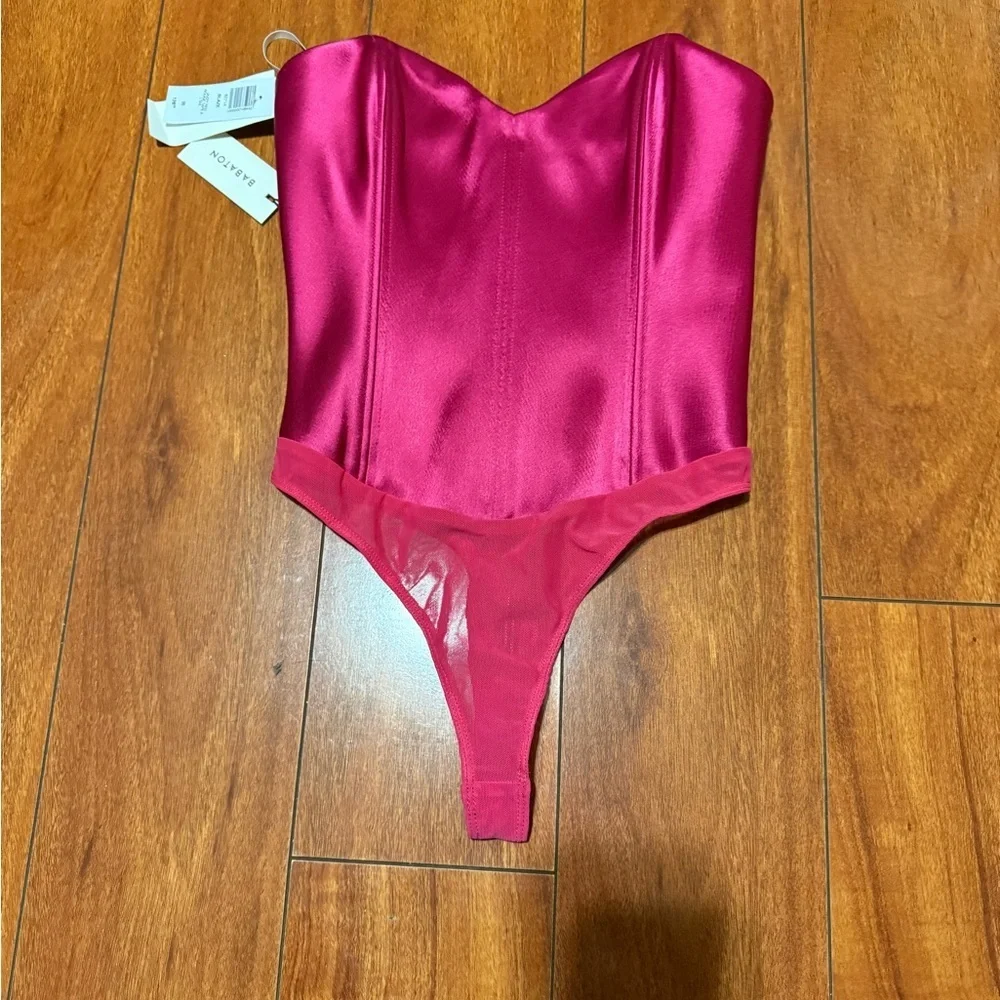 Babaton Fuchsia Strapless Satin One-Piece Bodysuit